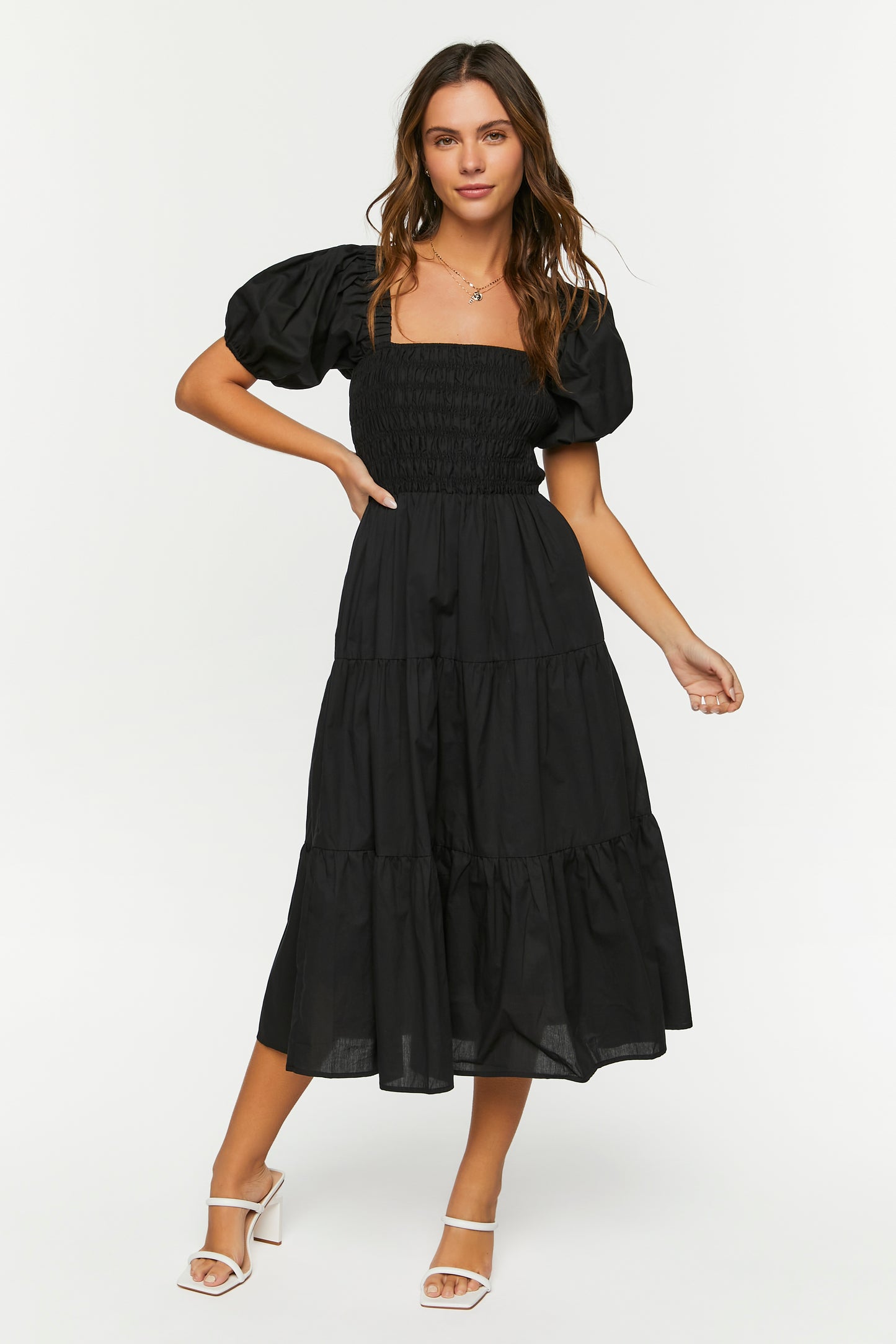 VESTIDO MIDI CON MANGAS ABULLONADAS Y FALDA AMPLIA