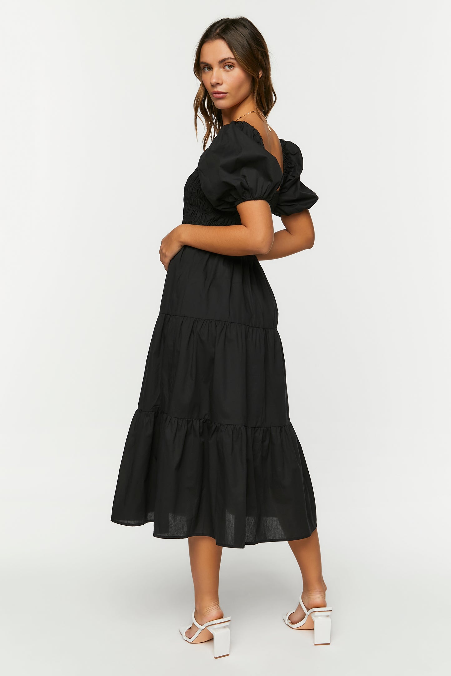 VESTIDO MIDI CON MANGAS ABULLONADAS Y FALDA AMPLIA