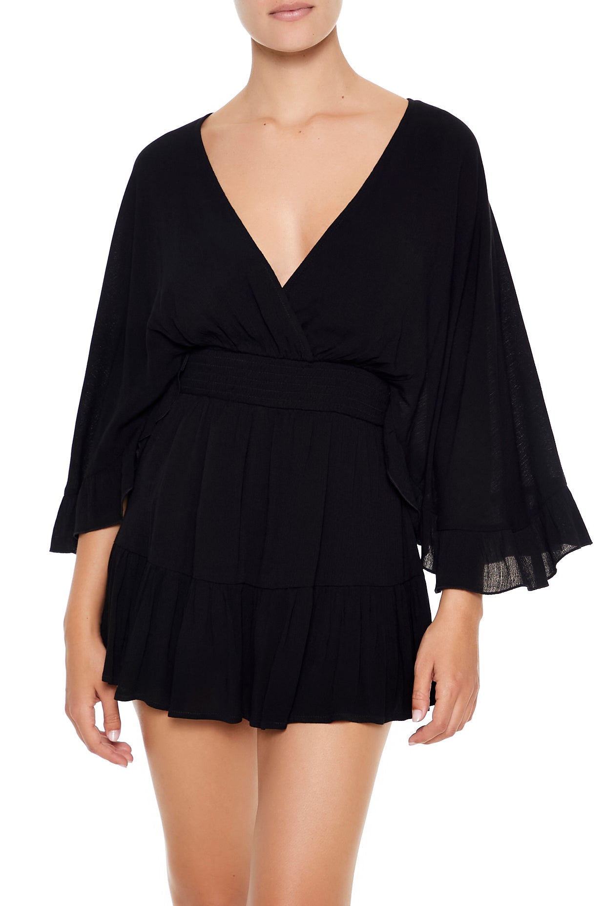 VESTIDO MINI ESCOTE EN V Y MANGAS MARIPOSA