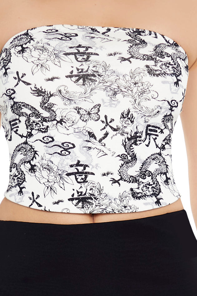 CROP TOP STRAPLESS CON ESTAMPADO DE DRAGONES