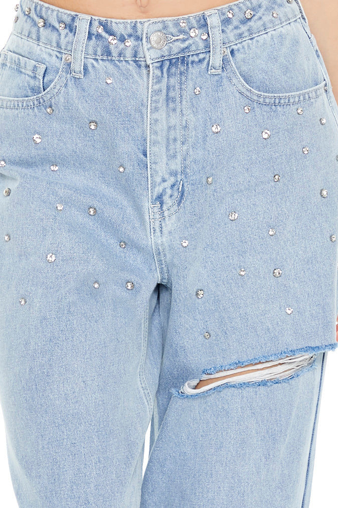 PANTALON DENIM CON BRILLOS Y RASGADO