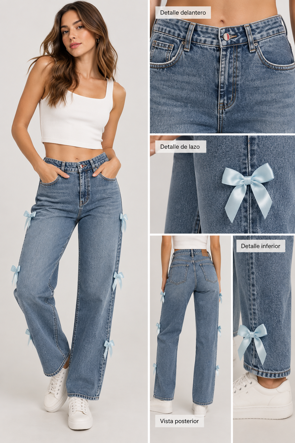 PANTALON DENIM CON LAZOS CELESTES EN LOS COSTADOS