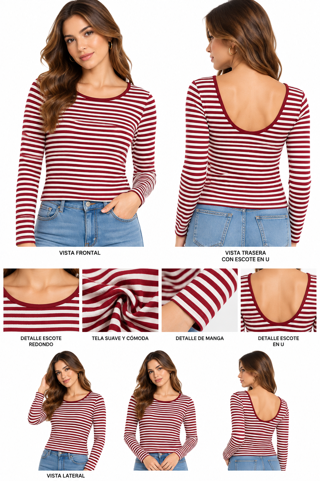 TOP MANGA LARGA CON LINEAS NAUTICAS, CON ESCOTE EN U EN LA ESPALDA
