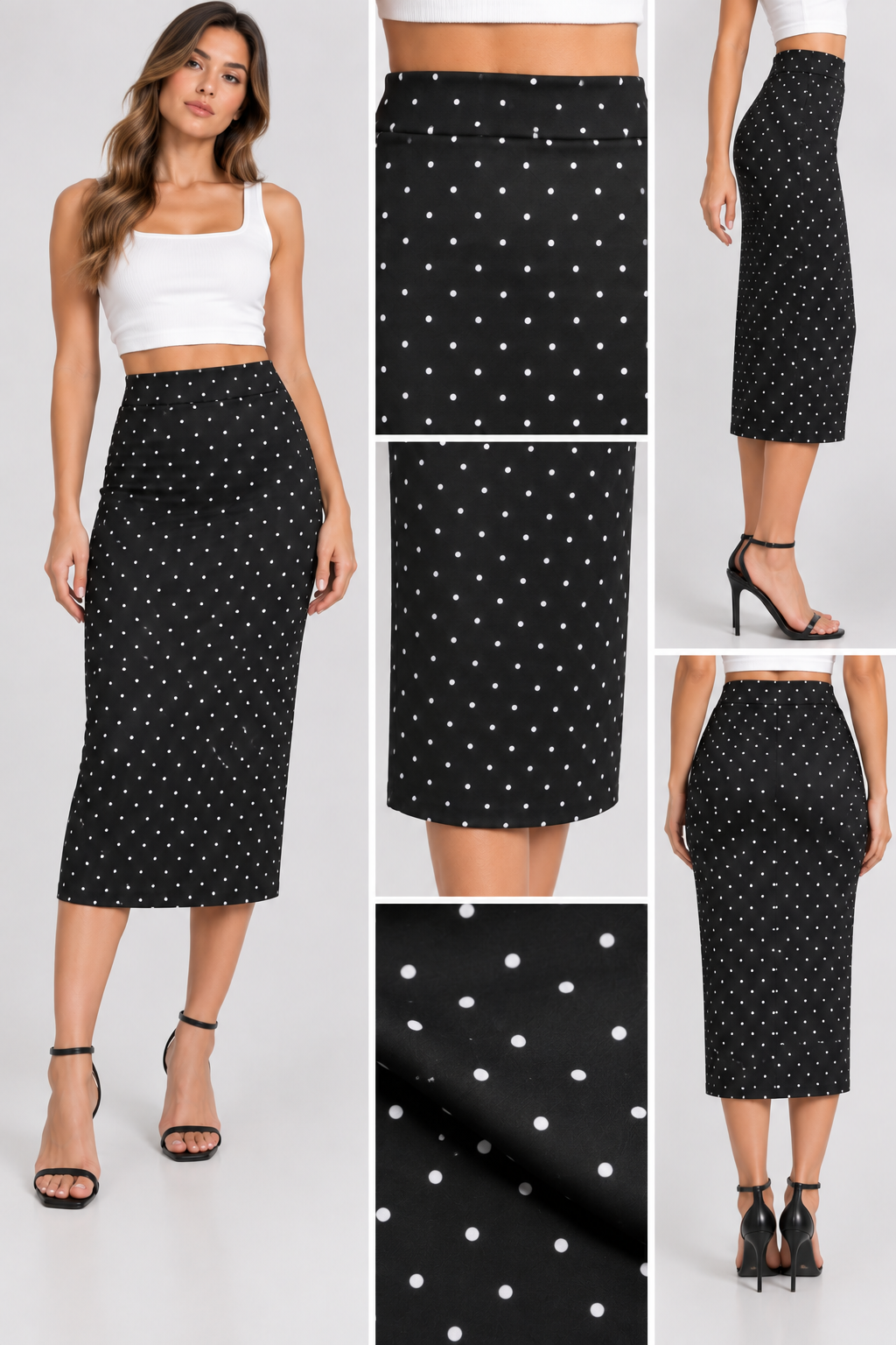 FALDA MIDI CON ESTAMPADO DE MOTAS BLANCAS