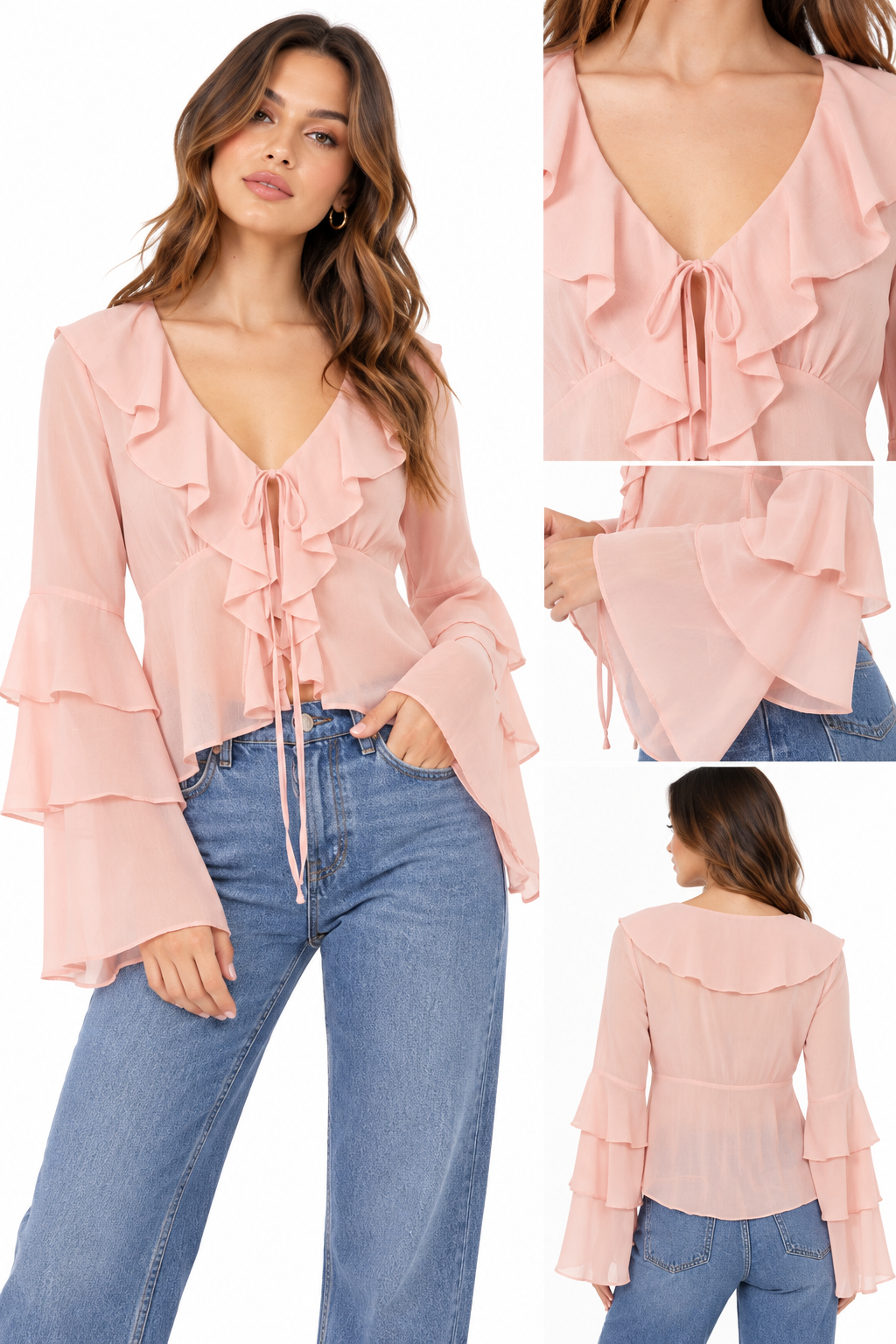 BLUSA DE GASA CON DETALLES DE VOLADOS