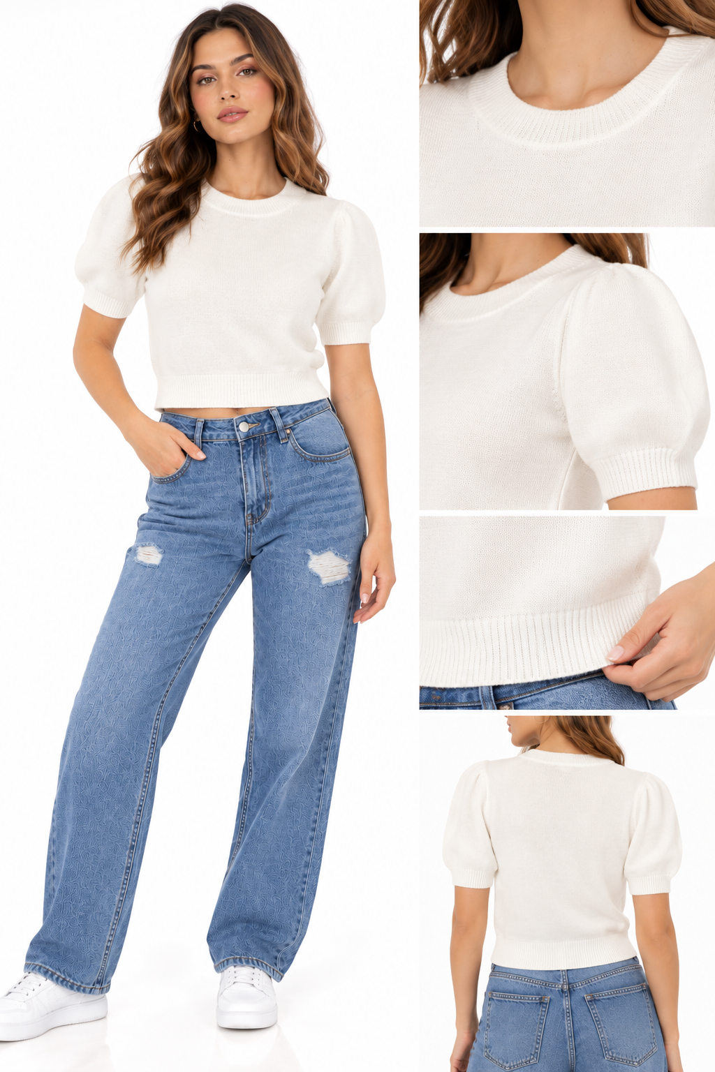 BLUSA ACANALADA CON MANGA ABULLONADA