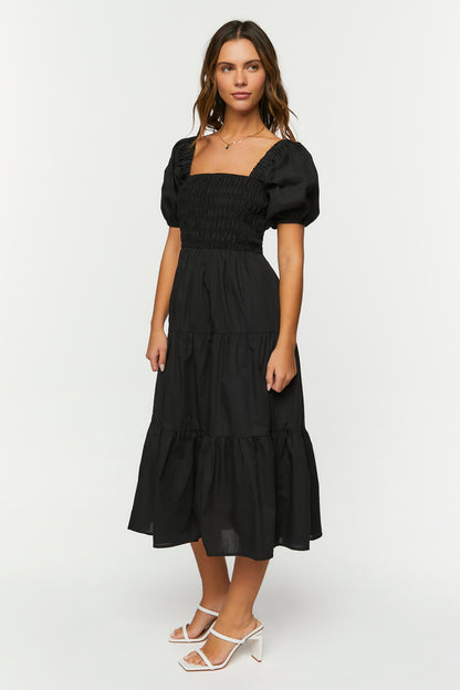 VESTIDO MIDI CON MANGAS ABULLONADAS Y FALDA AMPLIA