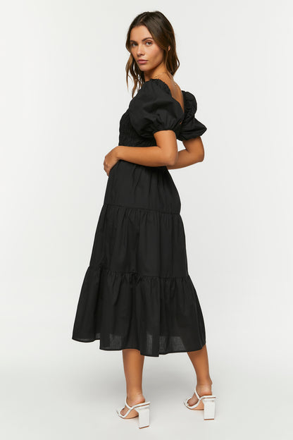 VESTIDO MIDI CON MANGAS ABULLONADAS Y FALDA AMPLIA