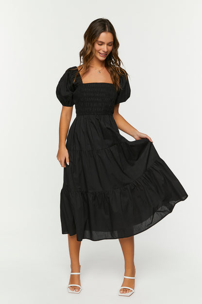 VESTIDO MIDI CON MANGAS ABULLONADAS Y FALDA AMPLIA