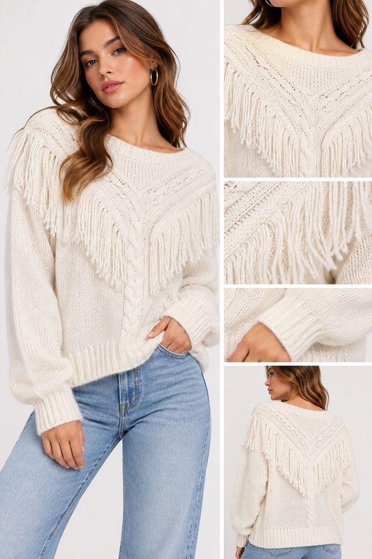 SWEATER TEJIDO, CON DETALLE DE FLECOS Y TEJIDO TRENZADO