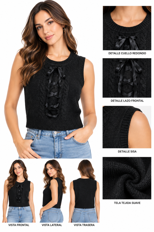 TOP SWEATER TEJIDO CON CINTA TRENSADA EN LA PARTE DE ADELANTE