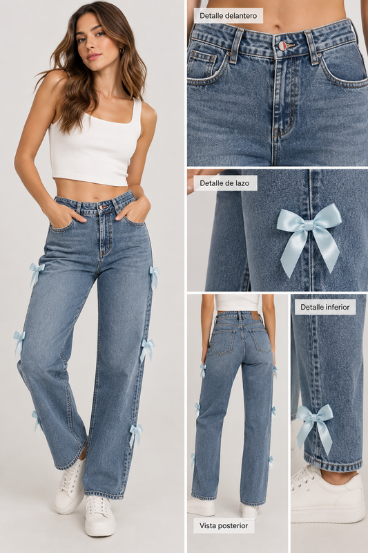 PANTALON DENIM CON LAZOS CELESTES EN LOS COSTADOS
