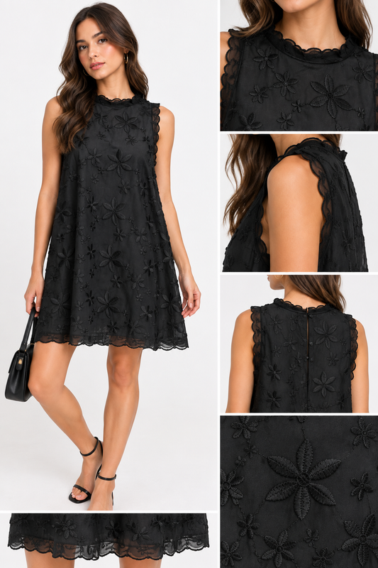 VESTIDO CORTO CON BORDADO FLORAL, VOLADOS EN LOS HOMBROS
