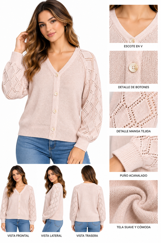 CARDIGAN DE PUNTO CON DISEÑO DE ROMBOS EN LOS BRAZOS