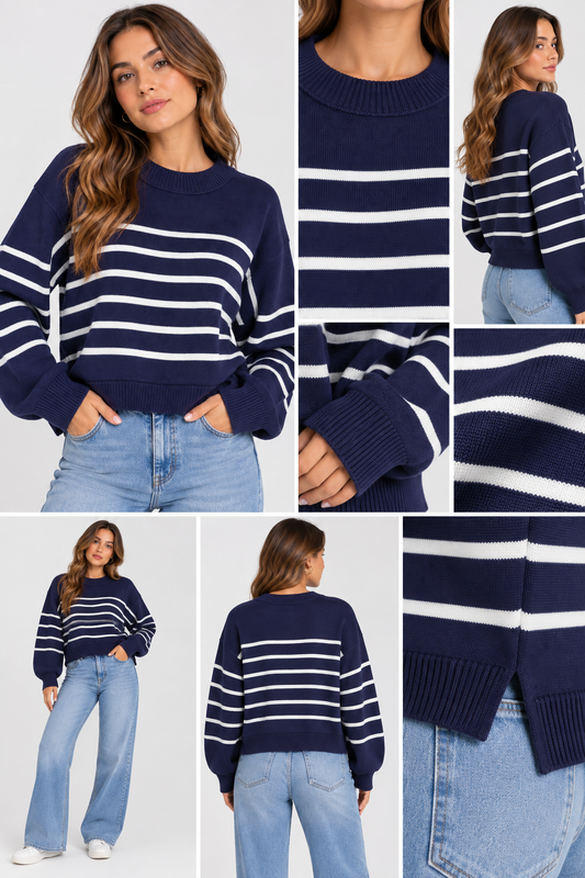 SWEATER TEJIDO, ESTAMPADO DE LINEAS NAUTICAS, OVERSIZE