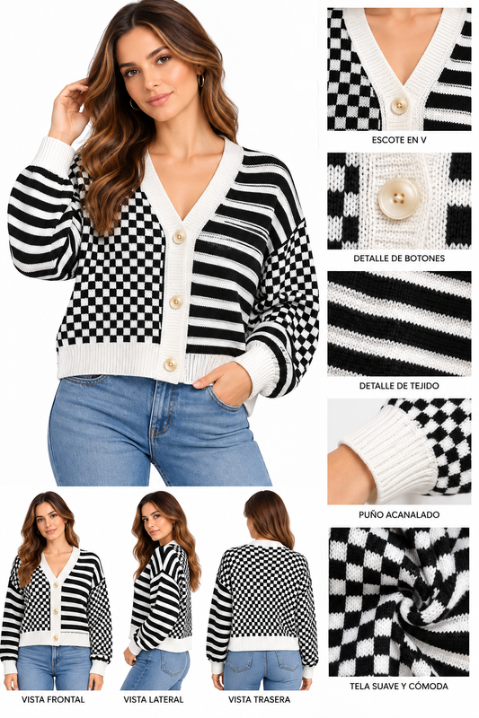 SWEATER CARDIGAN TEJIDO, ESTAMPADO DE CUADROS Y LINEAS NAUTICAS