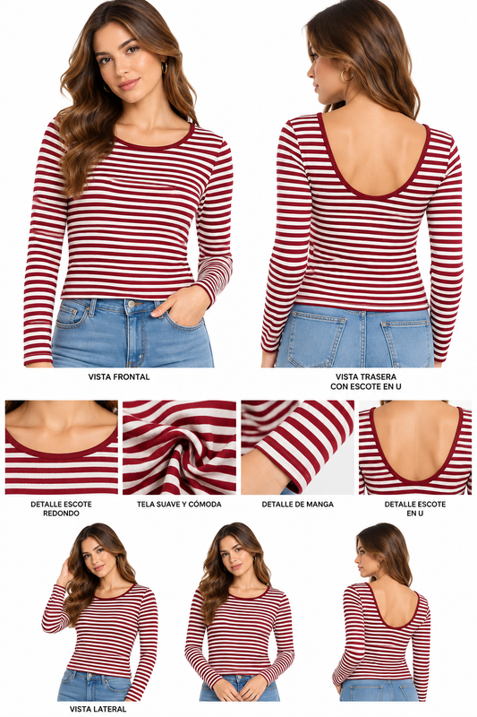 TOP MANGA LARGA CON LINEAS NAUTICAS, CON ESCOTE EN U EN LA ESPALDA
