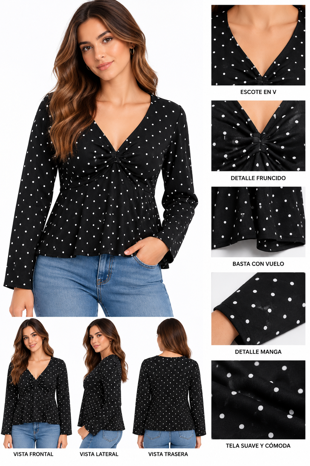 TOP MANGA LARGA CON ESTAMPADO DE MOTAS BLANCAS, ESCOTE EN V