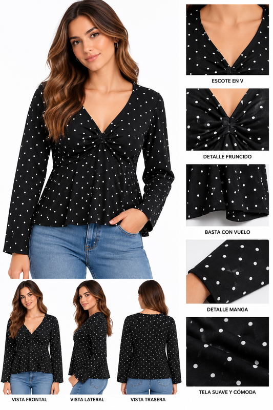 TOP MANGA LARGA CON ESTAMPADO DE MOTAS BLANCAS, ESCOTE EN V