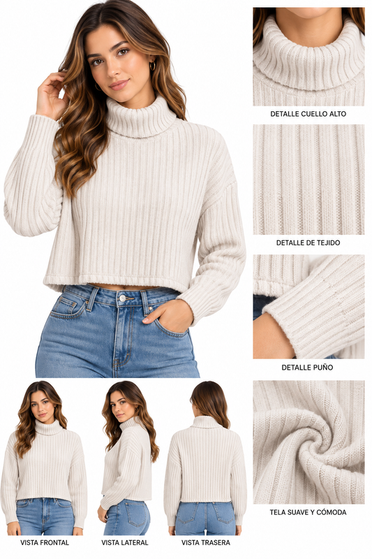 SWATERS MANGA LARGA CUELLO ALTO, OVERSIZE, TEXTURA LINEAS ACANALADAS