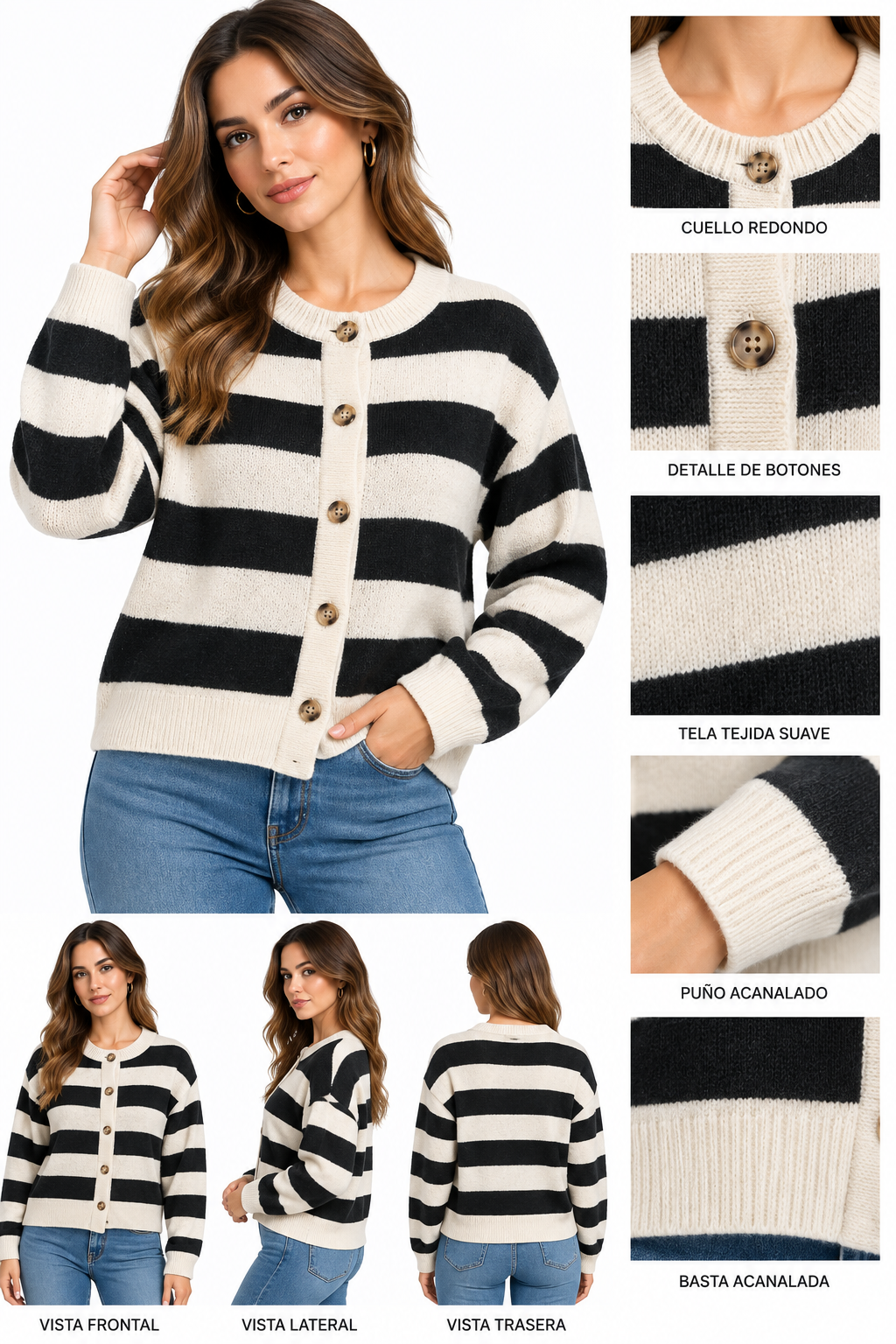 SWEATER CARDIGAN TEJIDO, LINEAS NAUTICAS
