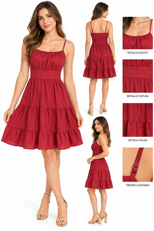 VESTIDO CORTO DE TIRO, DETALLE DE VOLADOS, CAIDA FLUIDA