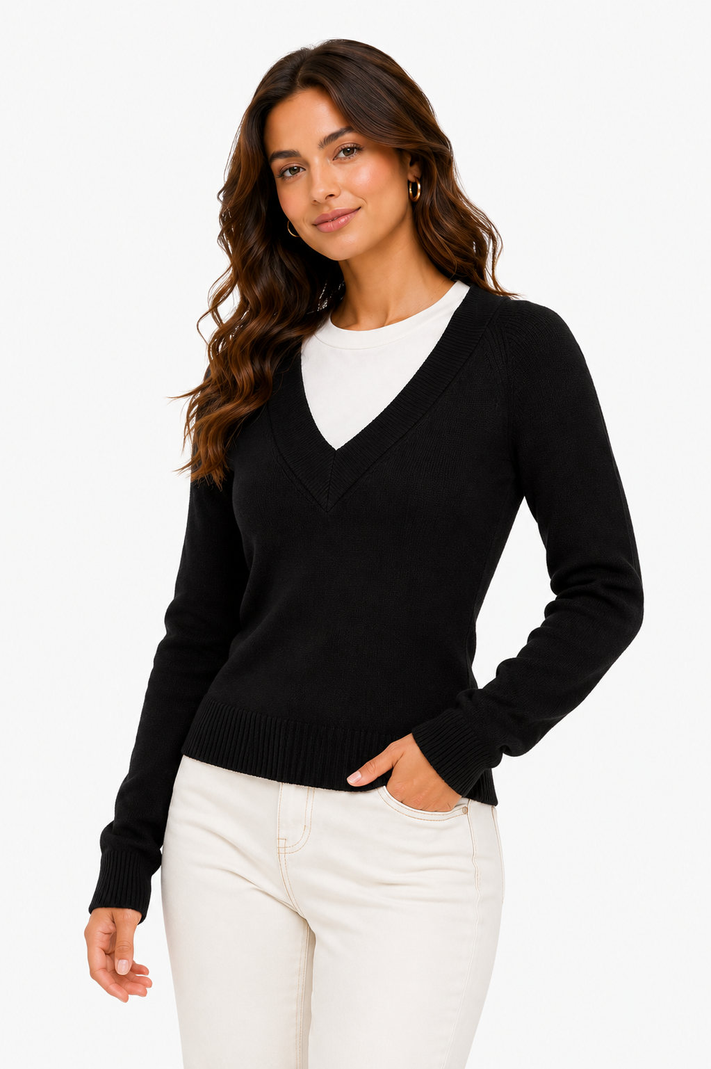 SWEATER TEJIDO CUELLO V CON SIMULACIÓN DE CAMISETA INTERNA