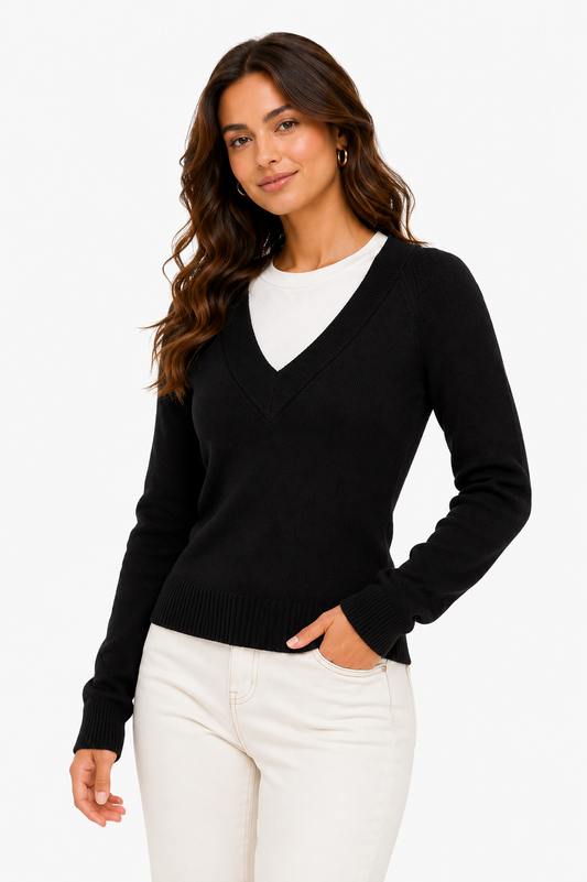 SWEATER TEJIDO CUELLO V CON SIMULACIÓN DE CAMISETA INTERNA