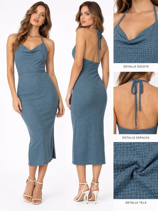 VESTIDO MIDI TEXTURIZADO CON ESCOTE EN V