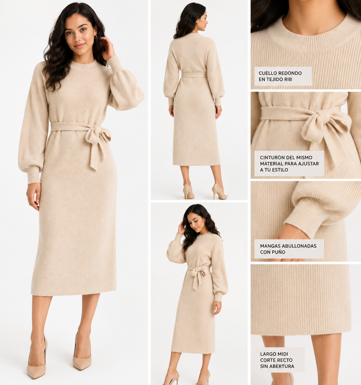 VESTIDO DE LANA MIDI CON ABERTURAS EN LOS COSTADOS Y MANGAS ABULLONADAS