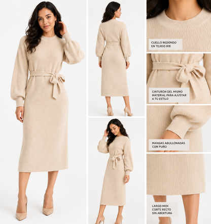 VESTIDO DE LANA MIDI CON ABERTURAS EN LOS COSTADOS Y MANGAS ABULLONADAS