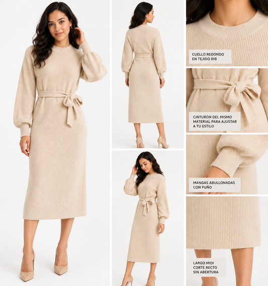 VESTIDO DE LANA MIDI CON ABERTURAS EN LOS COSTADOS Y MANGAS ABULLONADAS