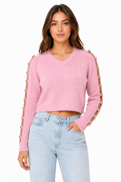 SWEATER AFELPADO CUELLO V CON DETALLE DE ABERTURAS EN LAS MANGAS