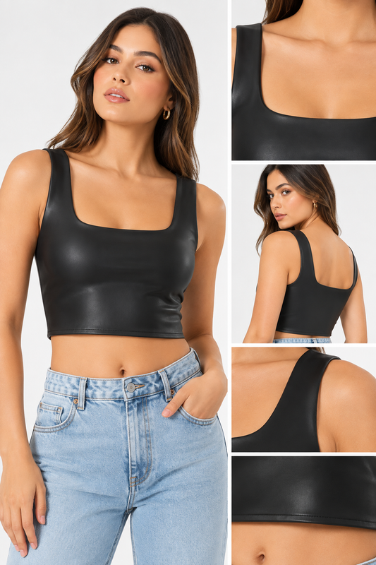 CROP TOP DE TIROS GRUESOS DE CUERO ECOLOGICO