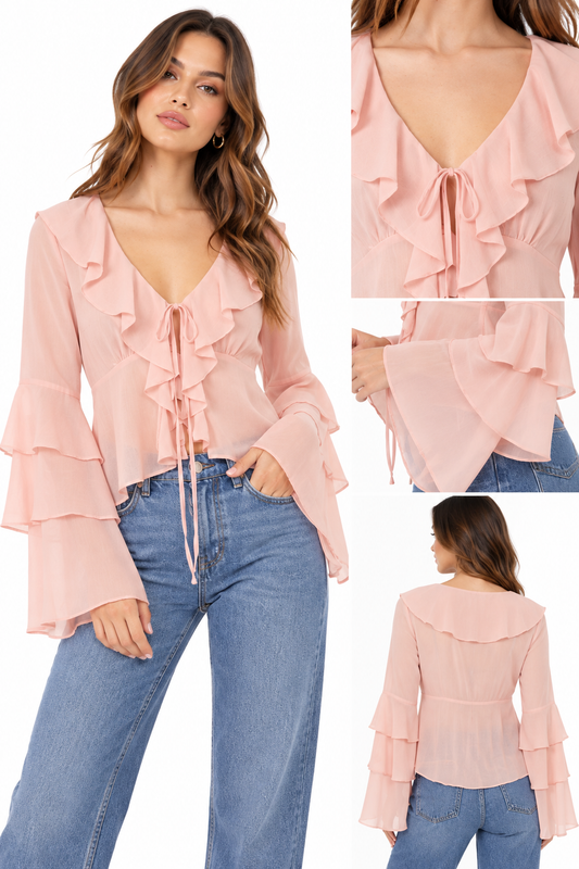 BLUSA DE GASA CON DETALLES DE VOLADOS
