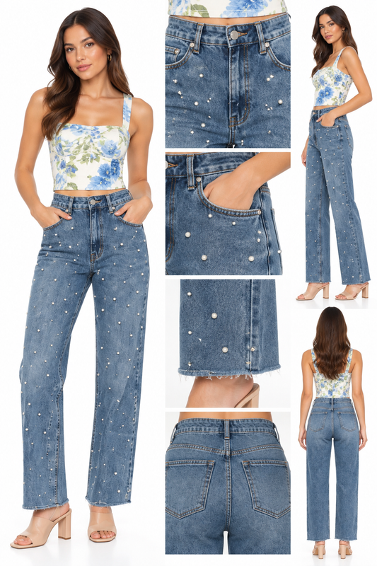 PANTALON DENIM WIDE-LEG CON DETALLES DE PERLAS