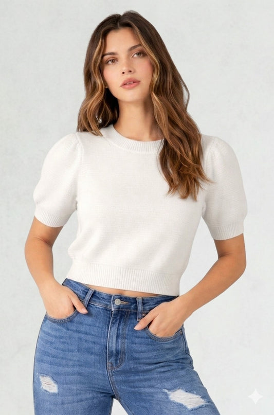 BLUSA ACANALADA CON MANGA ABULLONADA