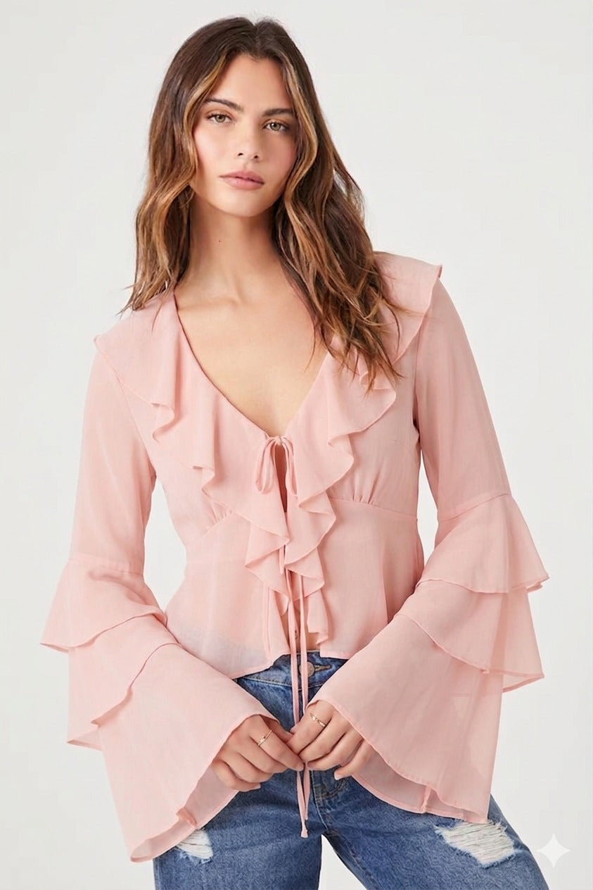 BLUSA DE GASA CON DETALLES DE VOLADOS