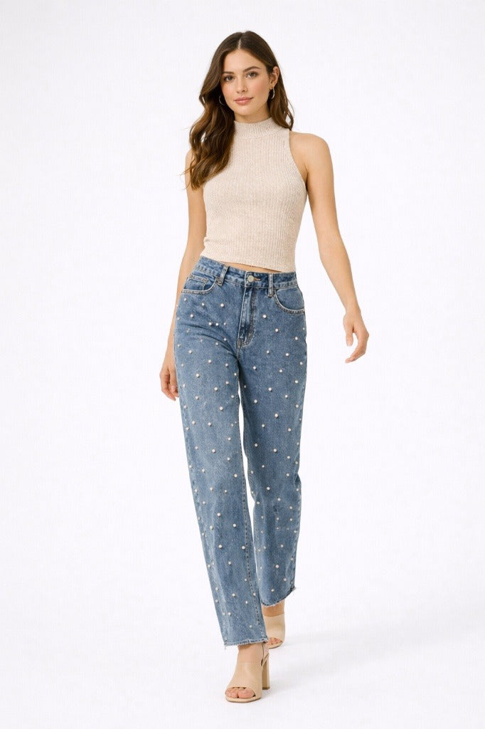 PANTALON DENIM WIDE-LEG CON DETALLES DE PERLAS