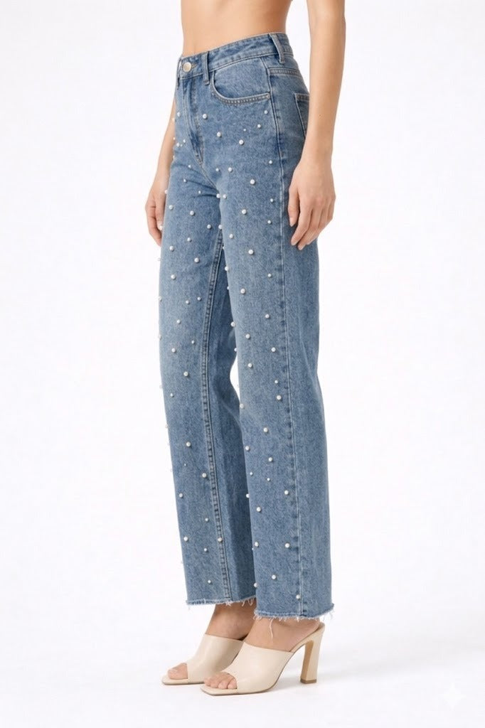 PANTALON DENIM WIDE-LEG CON DETALLES DE PERLAS