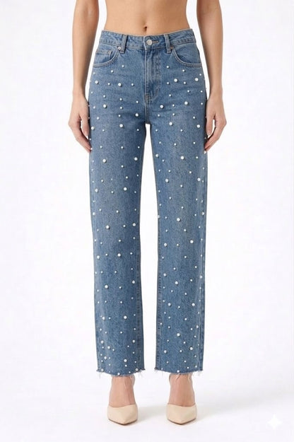 PANTALON DENIM WIDE-LEG CON DETALLES DE PERLAS